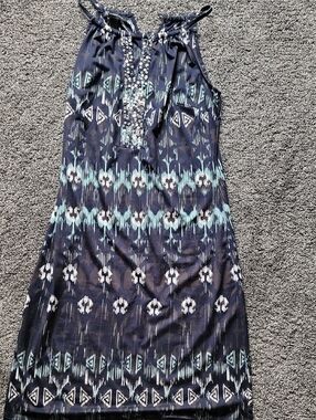 INC International Concepts Navy and Teal Beaded Sleeveless Top